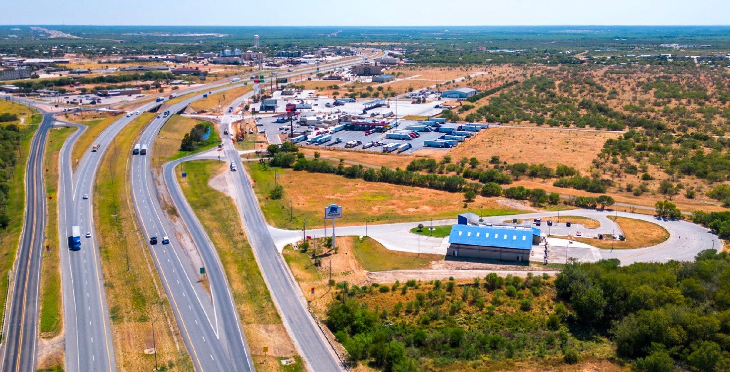 Aerial view of Blue Steer Truck Wash on I-35 next to Flying J, Cotulla Texas