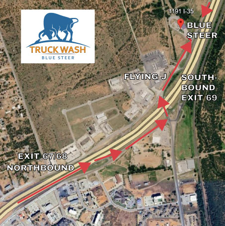 Aerial map showing approach routes to Blue Steer Truck Wash from northbound Exit 67/68 and southbound Exit 69